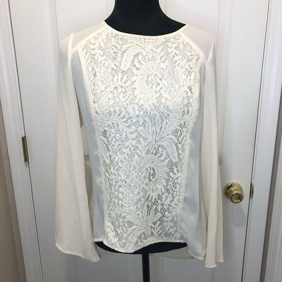 AGB Tops - AGB sheer cream lace front hi low long sleeve blouse top, size medium